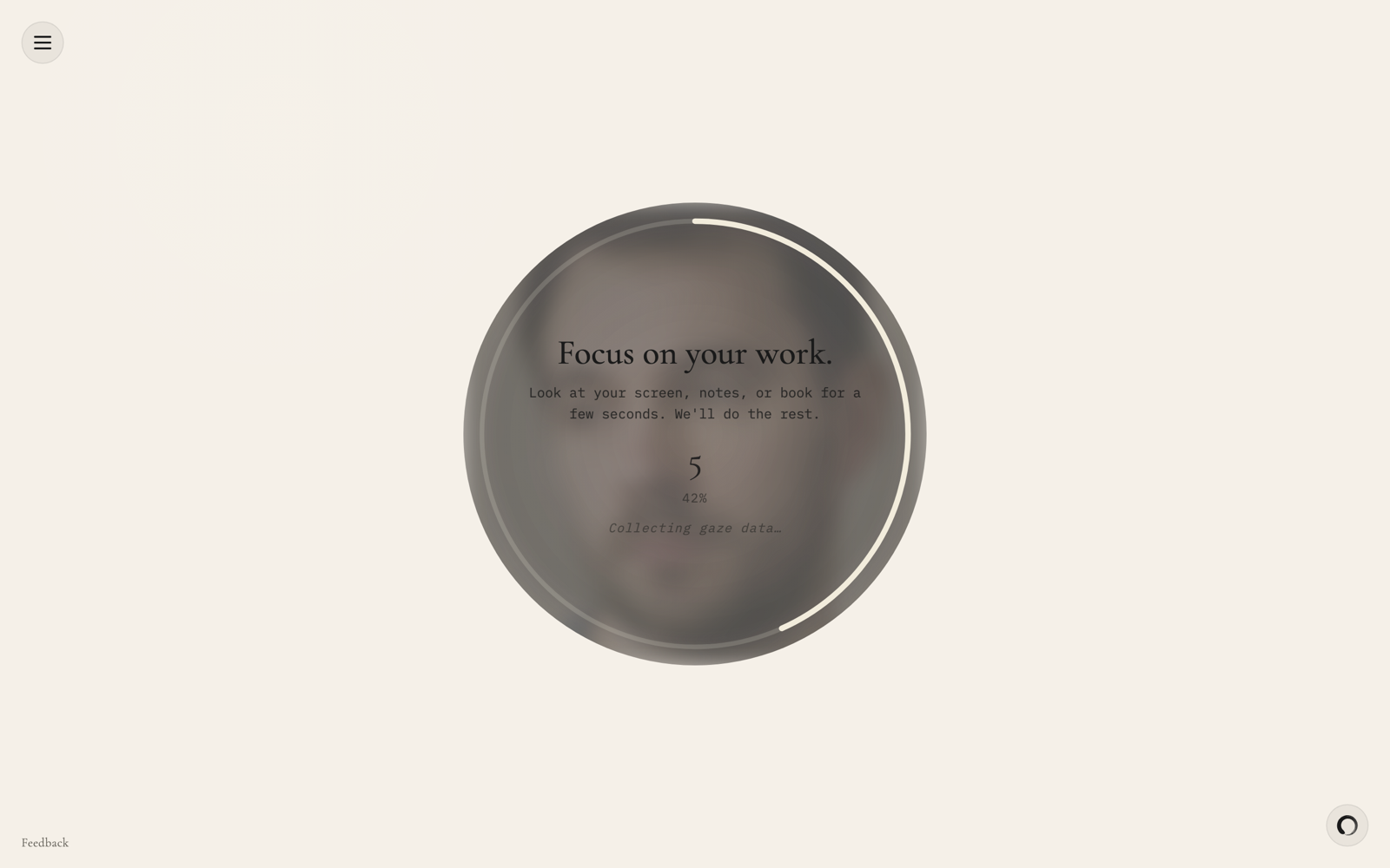 Focus Zen calibration screen with the camera preview and a gaze target
