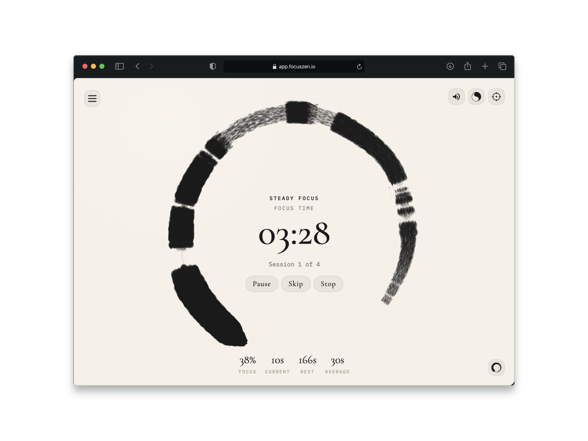 Focus Zen running in a desktop browser during a focus session