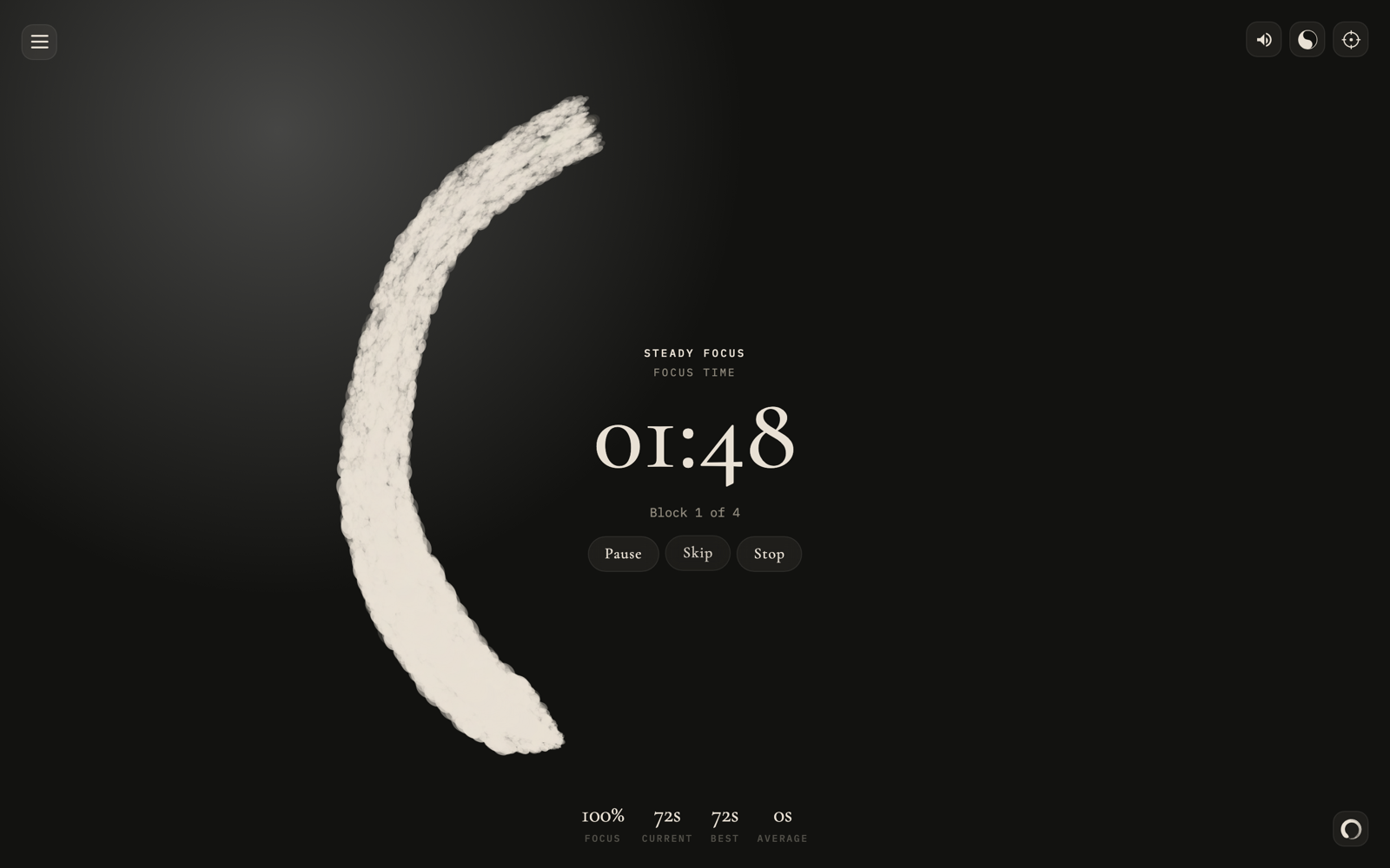 A running focus session: the ensō circle drawing itself next to the live focus stats